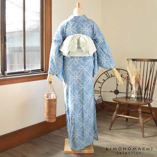 お仕立て上がり絞り浴衣単品「雪花もよう 青グレー」有松絞り 女性浴衣