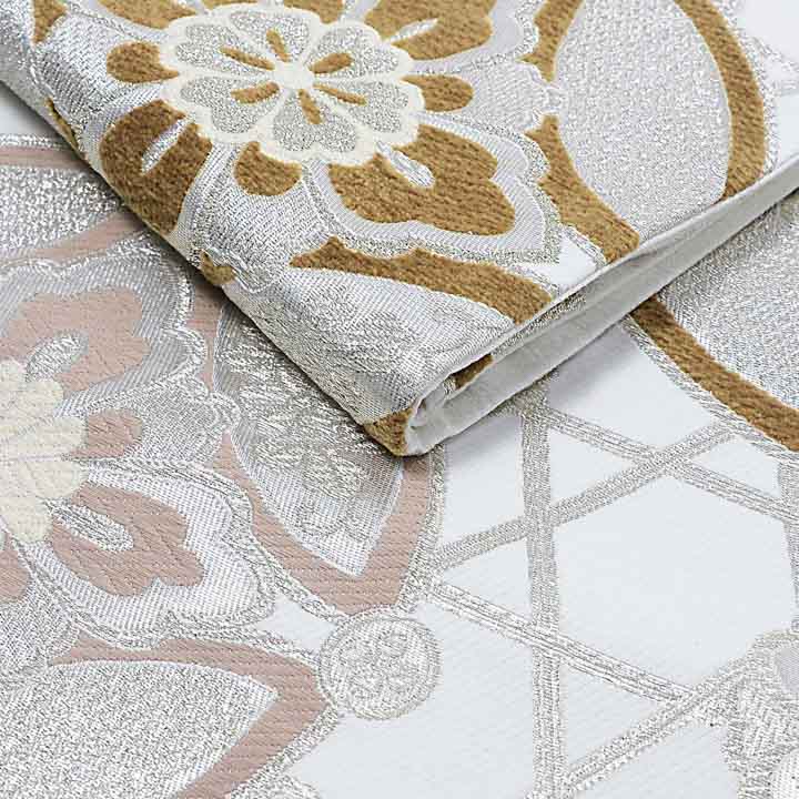 振袖 袋帯 単品「白地、銀×茶 籠目に七宝、花紋」日本製 お仕立て