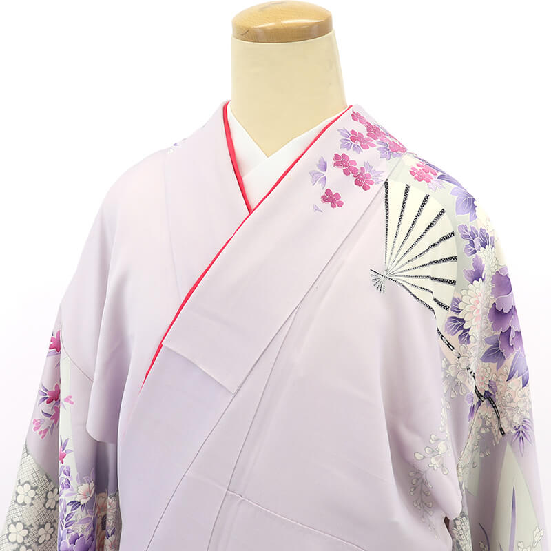 中古】 振袖 長襦袢 2点 セット 成人式 晴れ着 正絹 薄紫 扇 牡丹 菊