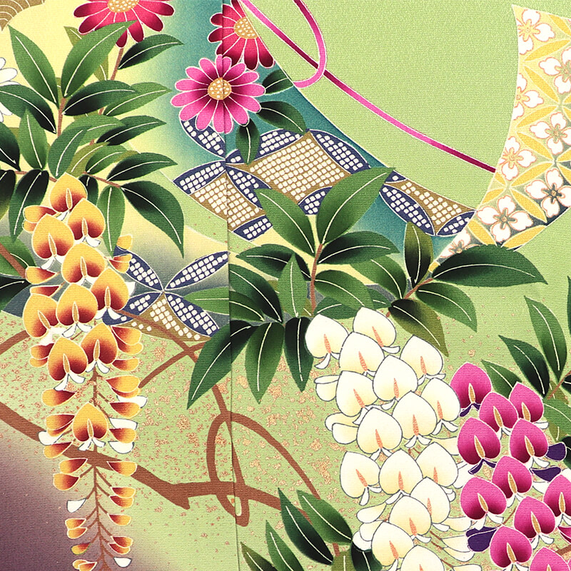 中古】 振袖 長襦袢付き 2点セット 成人式 振り袖 正絹 紫 藤 簾 地紙