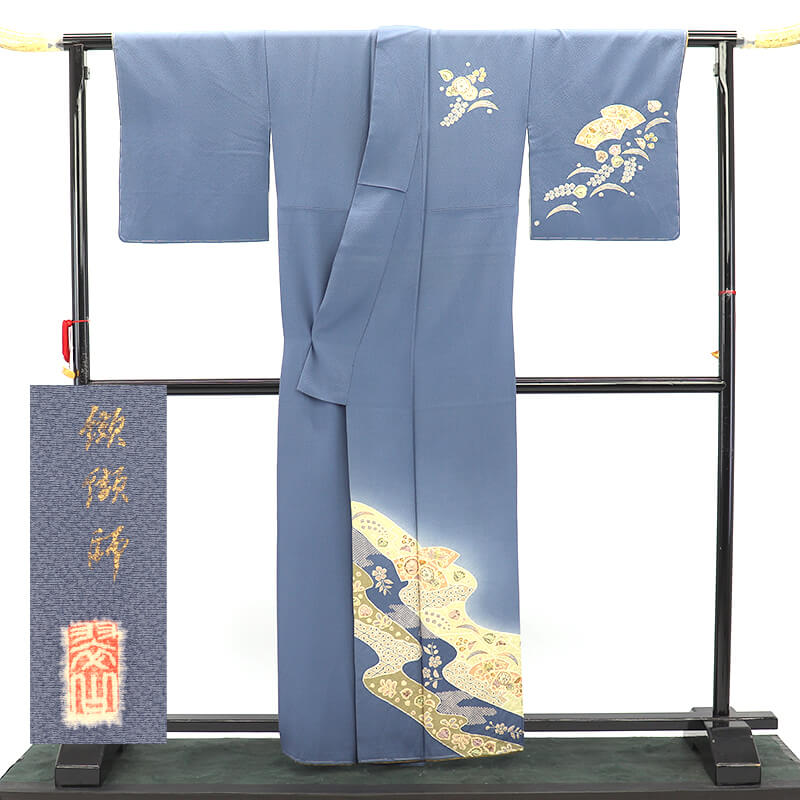 中古】 付下げ 付け下げ 附下 レディース 正絹 灰青 部分絞り 辻が花