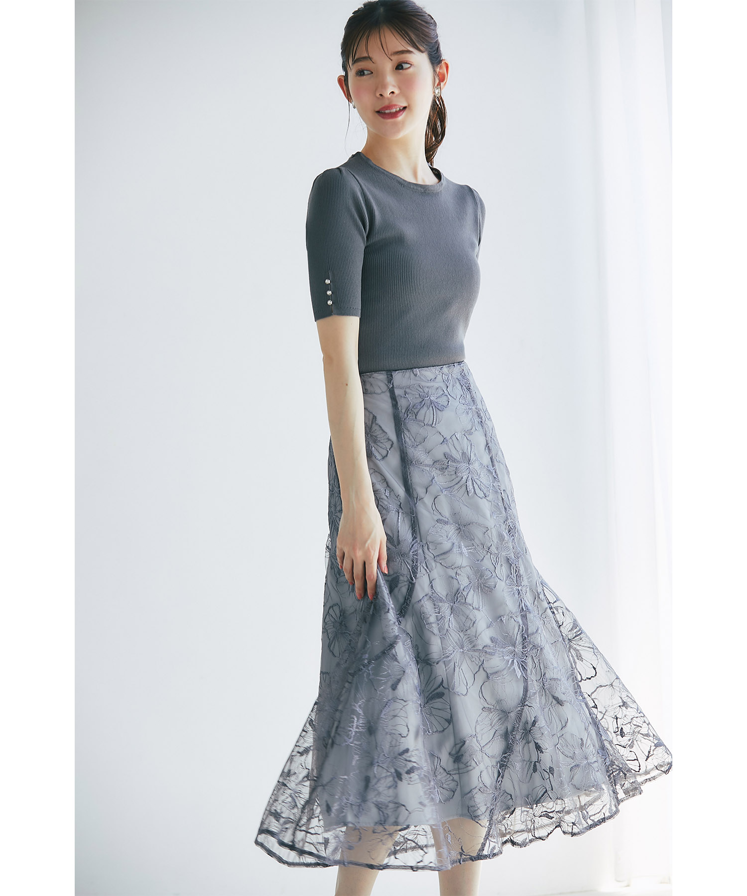 2WAYフラワーレース襟付きリブニットプルオーバー