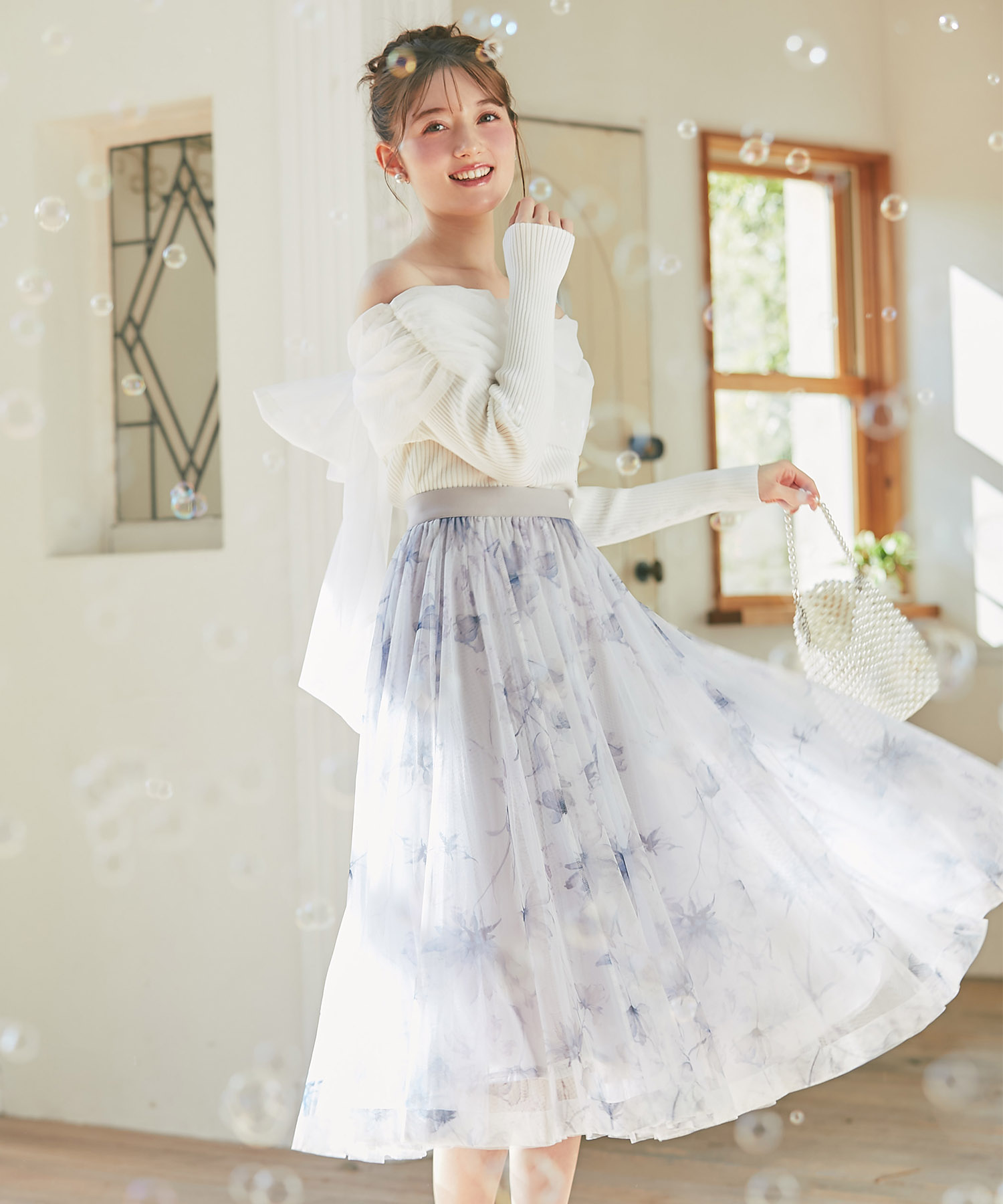 フラワープリントチュールフレアスカート