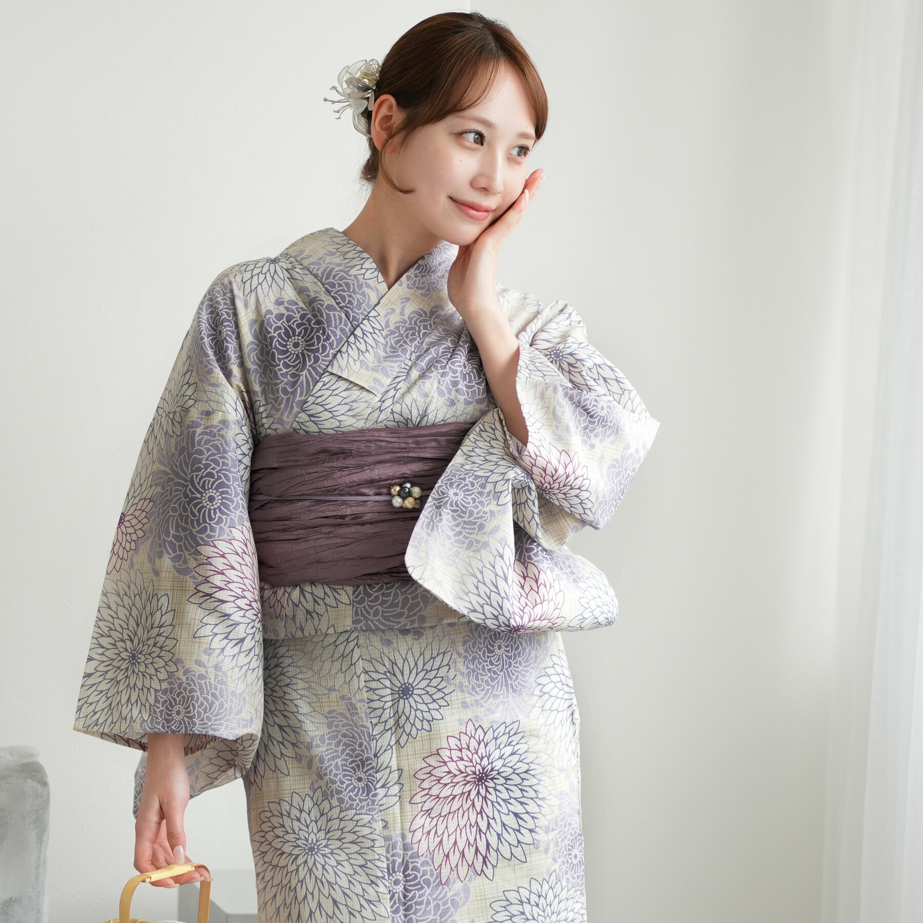 utatane 浴衣3点セット オフホワイト＆先染めベージュ風 utatane 浴衣 選べる浴衣3点セット オリジナルデザイン 国内染色 美人