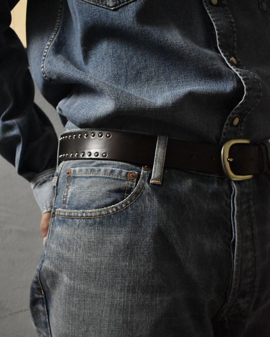 MINEDENIM - Double Studs Leather Belt (BLK) / ダブル スタッズ