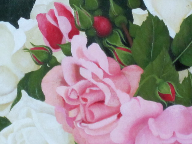 薔薇・絵画・志村好子「薔薇」（白とピンク）油彩画・ F10