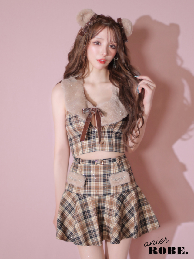 XSサイズあり】Fluffy cute check bear setup mini dress (anier4044)