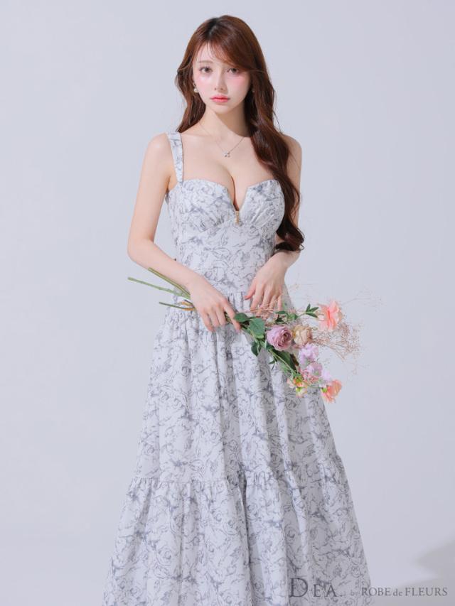 Lサイズあり】花柄バストジップフレアロングキャバドレス(DE3778)