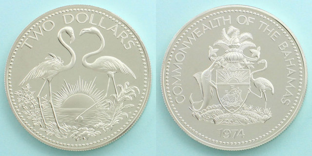 バハマ 1974 2ドル銀貨 フラミンゴ・カップル