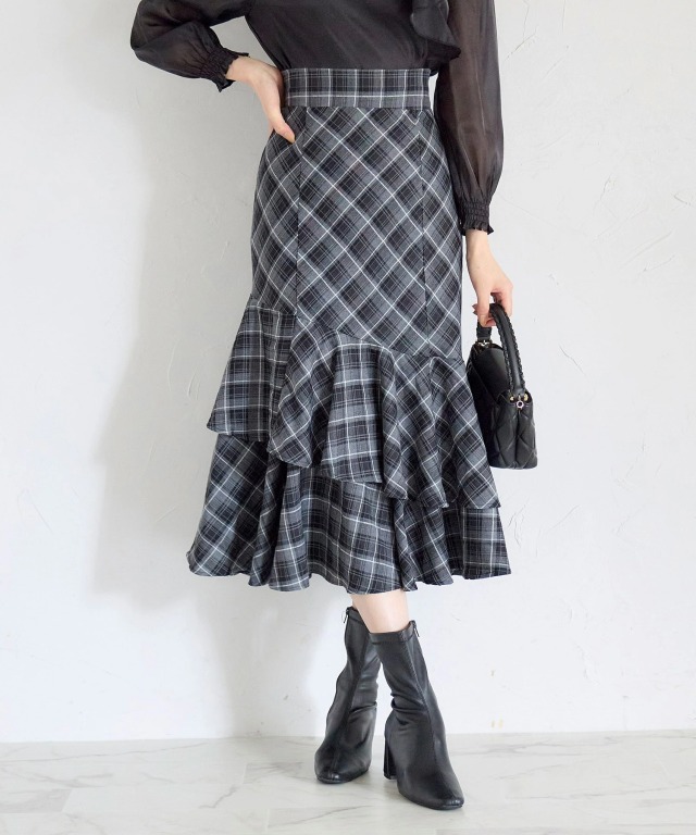 チェック柄ラッフルフリルスカート