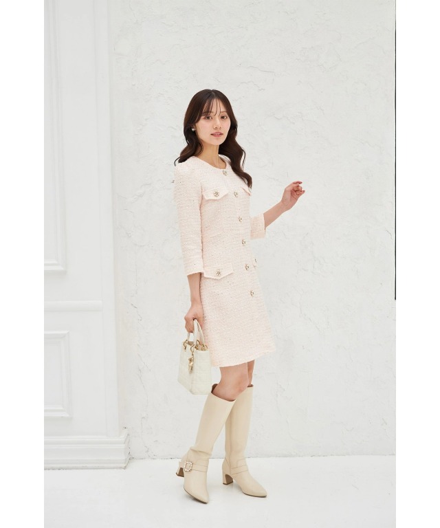 フェイクポケット付きパールビジュー飾り釦スパンコールツイードミニ