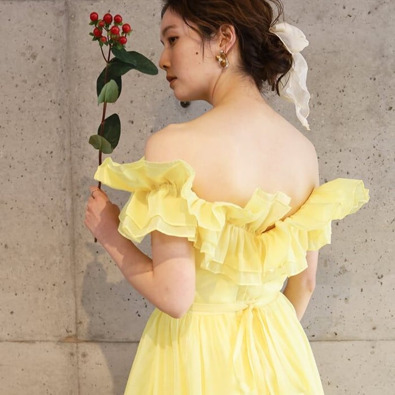 憧れのドレス カラードレス イエロー オフショルダー ソフトチュール