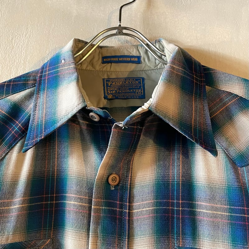 70s PENDLETON L/S ウールシャツ M USA製 オンブレチェック ペン