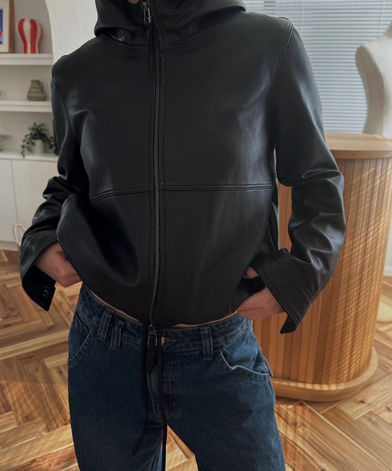 pre-order］hooded leather blouson(black) | ok.soon