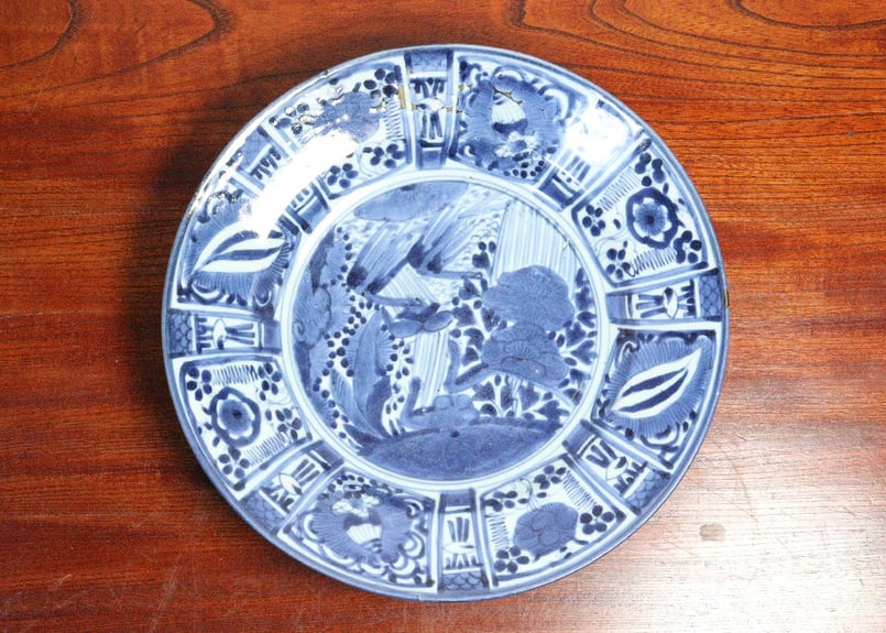 水芙蓉送料無料 江戸時代 青磁亀文向付 18.5×12cm 染付山水(全体)三