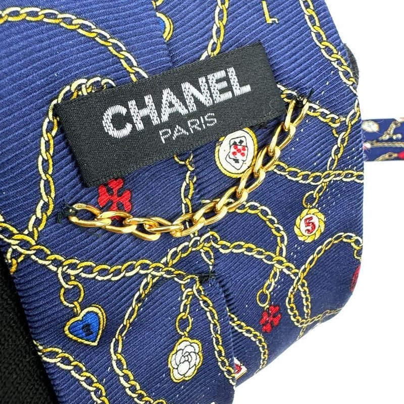 CHANEL シャネル シルク100% カメリア チェーン付き ネクタイ 青系