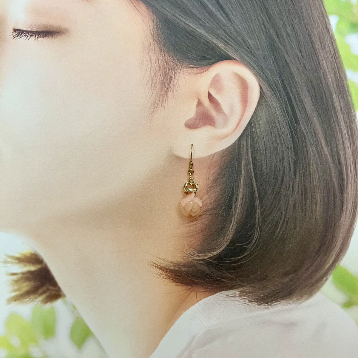 8.天然石 ローズクォーツ ピンク水晶 薔薇 ゴールド フックピアス
