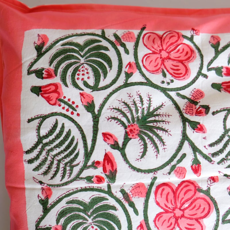 枕カバー インド綿 ブロックプリント ピンクプラント | インド雑貨のお