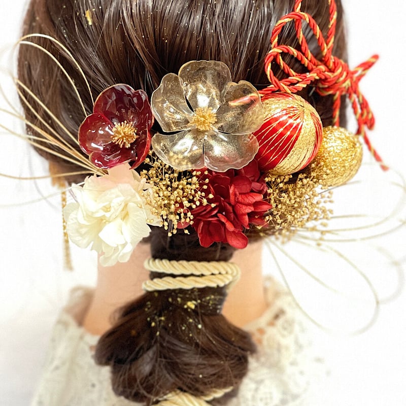 成人式 & 結婚式 髪飾り クリアフラワー レッド&クリア 和装
