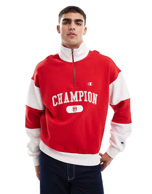 Champion Rochester collegiate half zip sweatshirt in red and grey