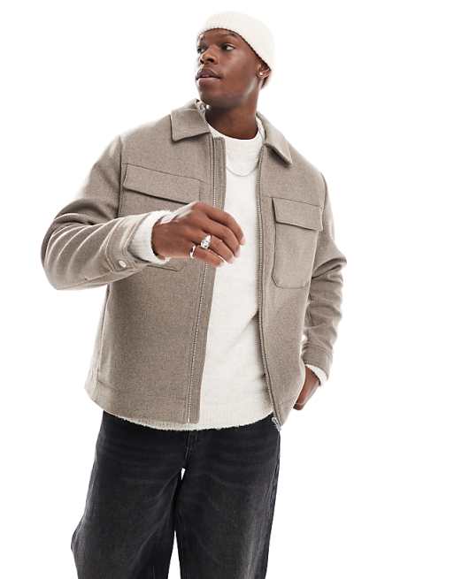Jack & Jones wool mix cropped jacket with pockets in mocha | ASOS