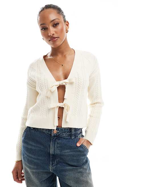 ONLY tie front knit cardigan in cream | ASOS