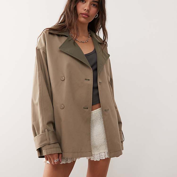 Monki reversible short trench coat with contrast brown collar in