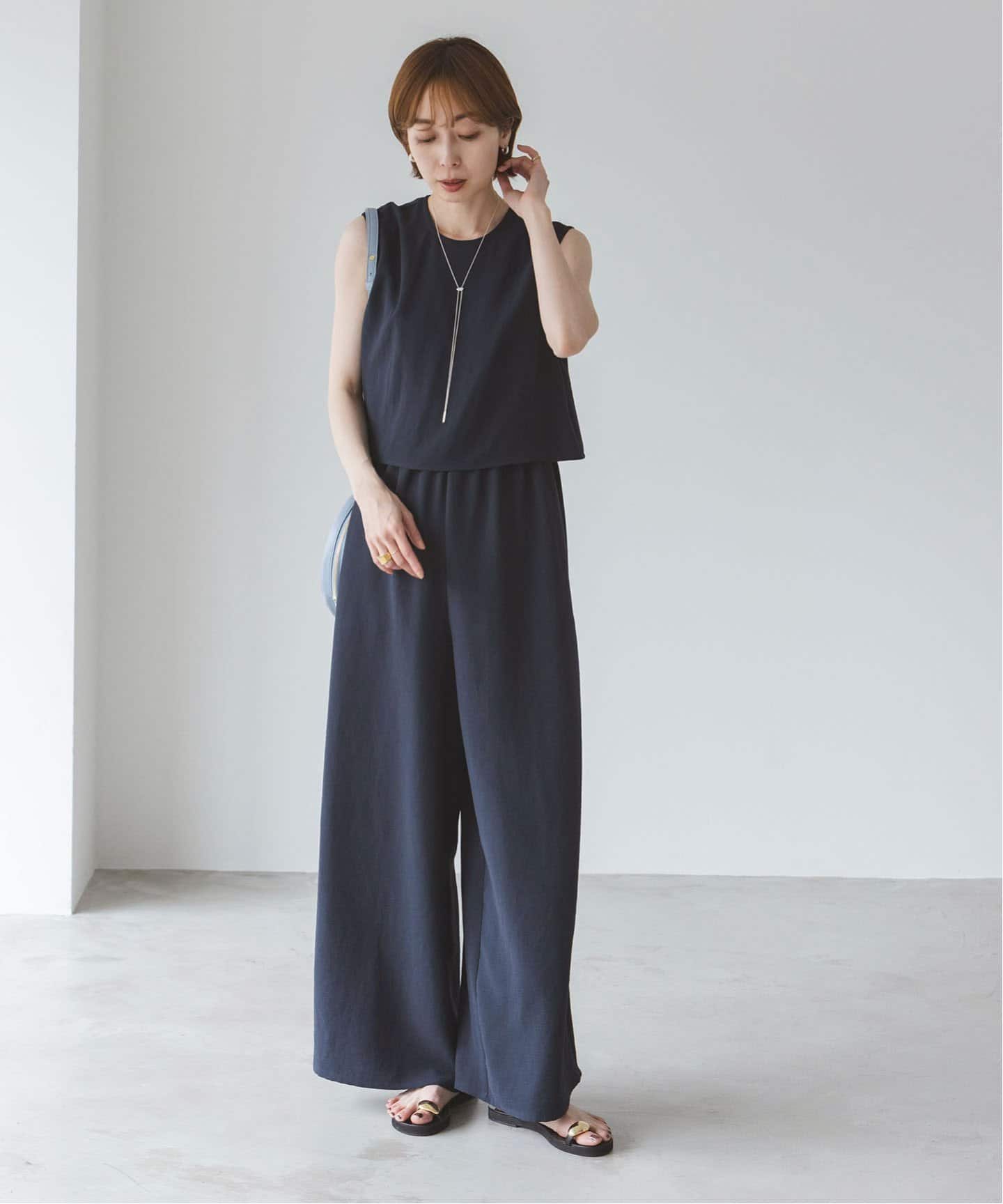 追加》ダブルクレープスリーブレス オールインワン（つなぎ