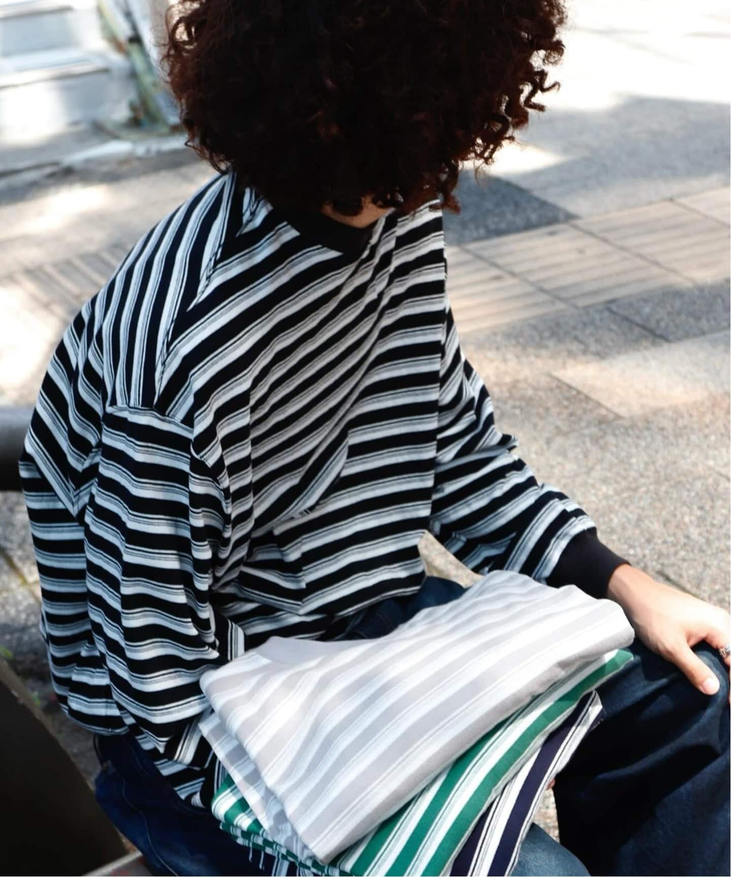 is-ness / イズネス BALLOON STRIPES LONG SLEEVE T-SH（Tシャツ