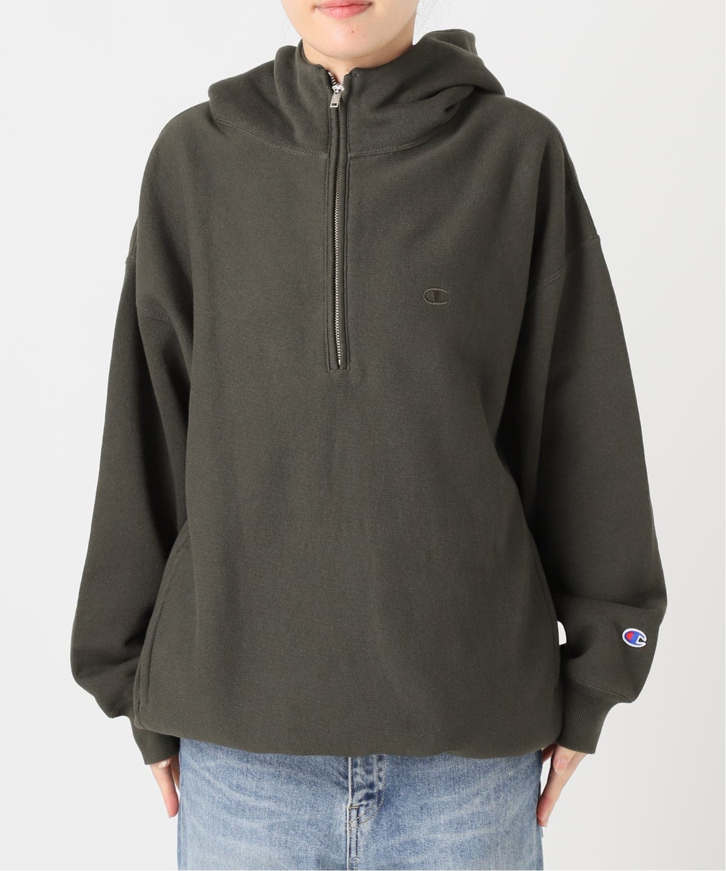 Champion 別注REVERSE WEAVE11.5OZフードハーフジップドロストプル