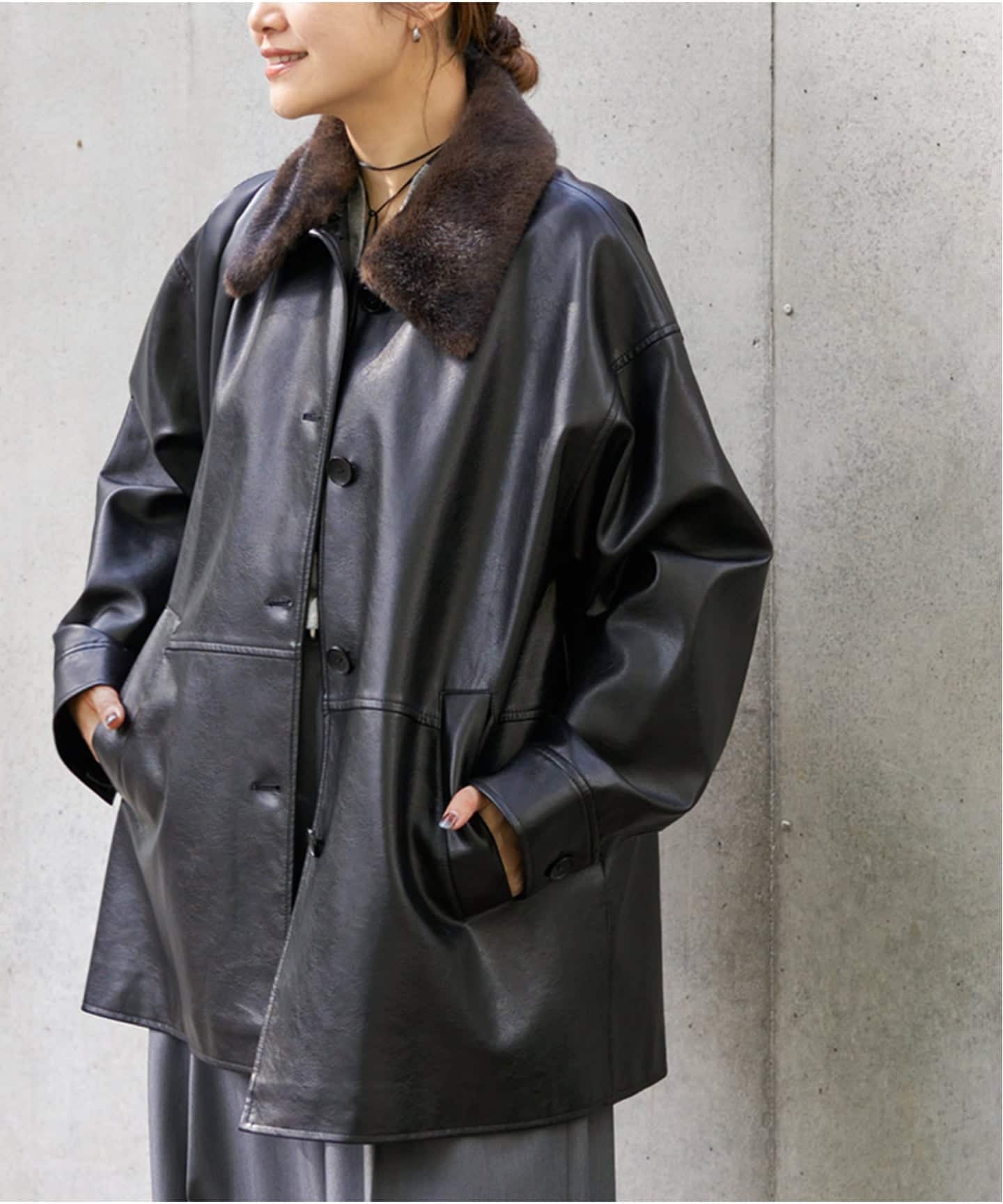 追加2》ウォッシャブルフェイクレザーファー襟付カバーオール（レザー