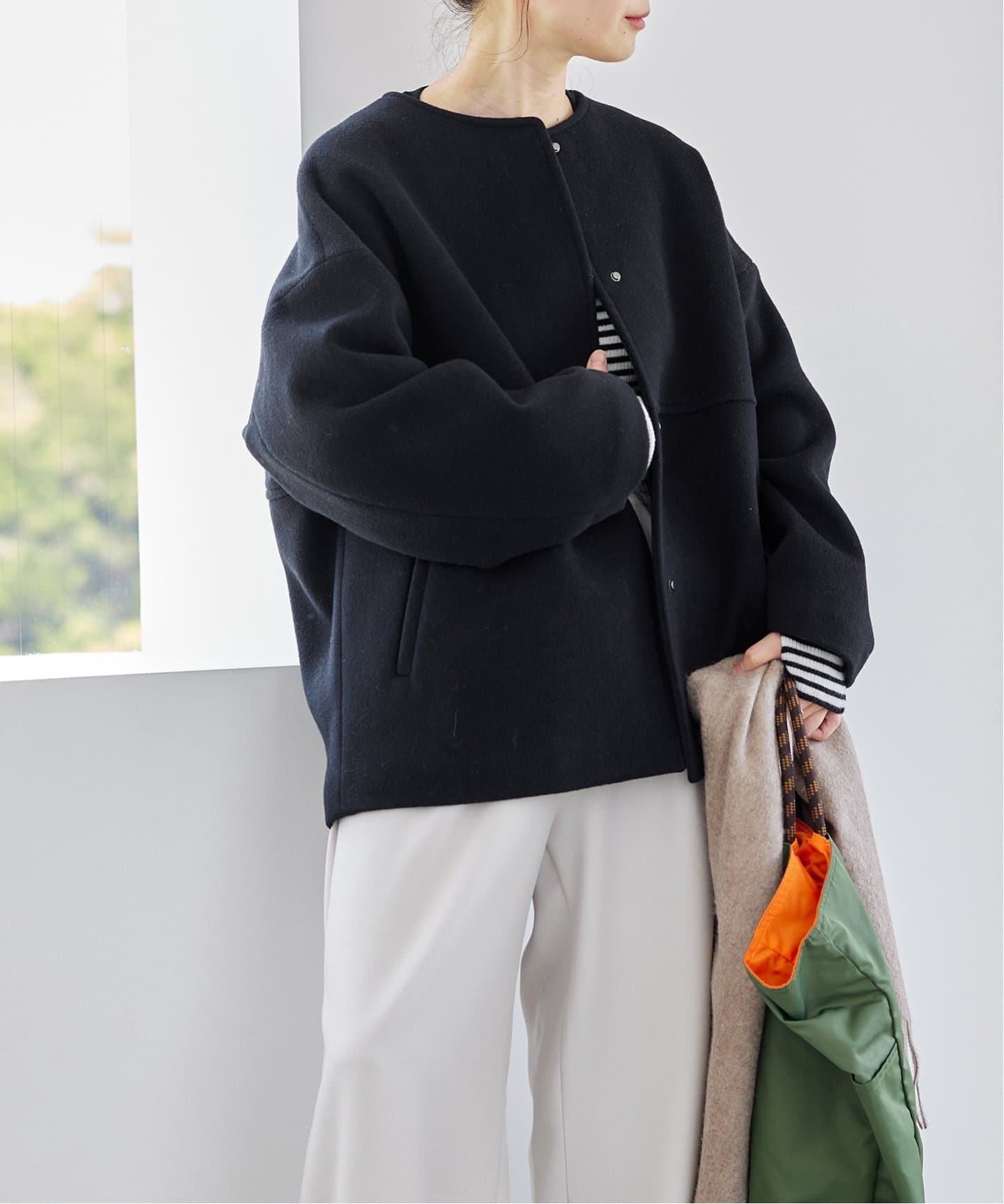 スーパー140ビーバーノーカラーショートコート（ノーカラーコート