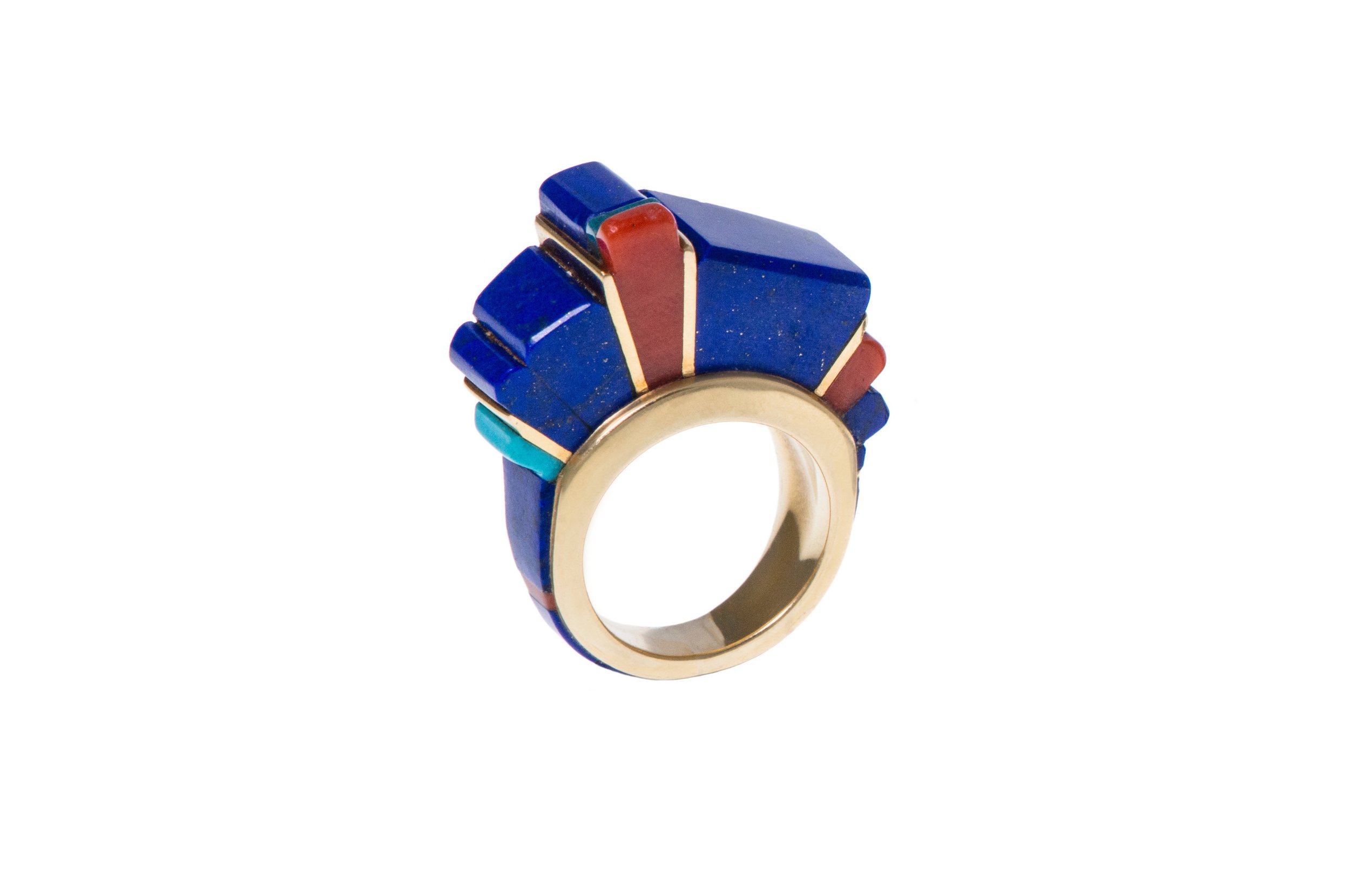 Charles Loloma (Hopi) Lapis Lazuli, Coral, Turquoise and 18K Gold