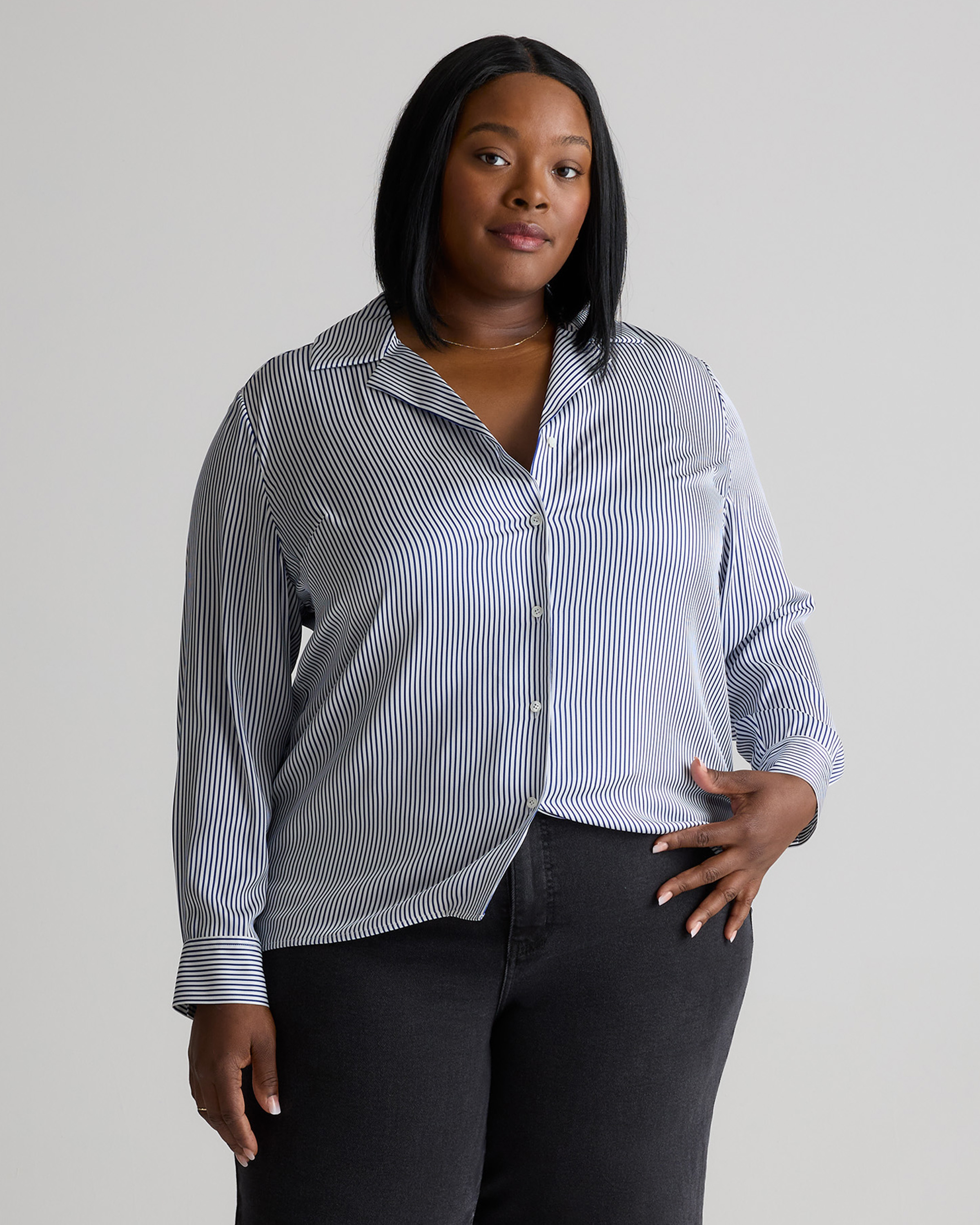 Washable Stretch Silk Notch Collar Blouse - Plus Size in Evie Stripe