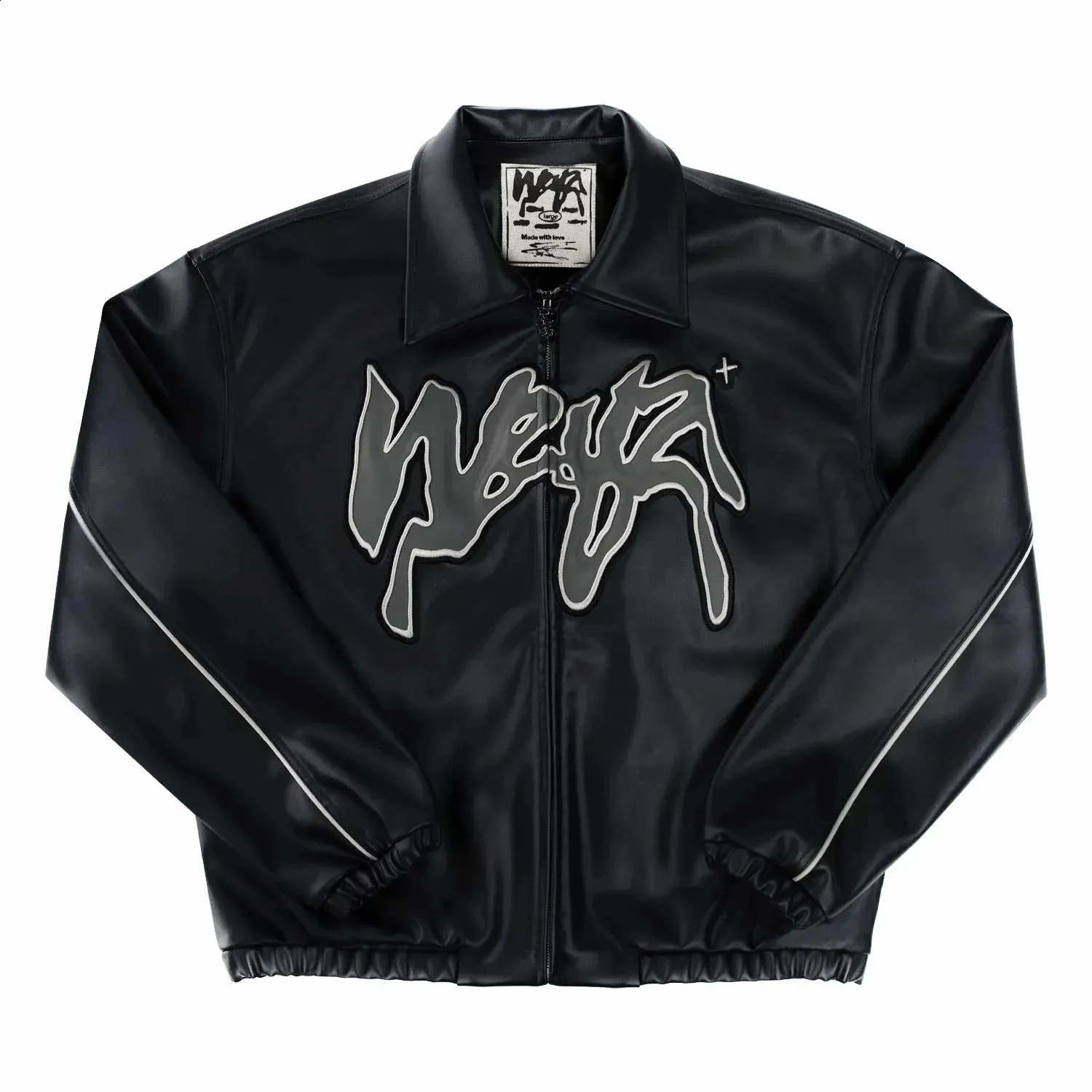 Y2K PU Leather Zip Up Jacket With Graffiti Embroidery – Oversized