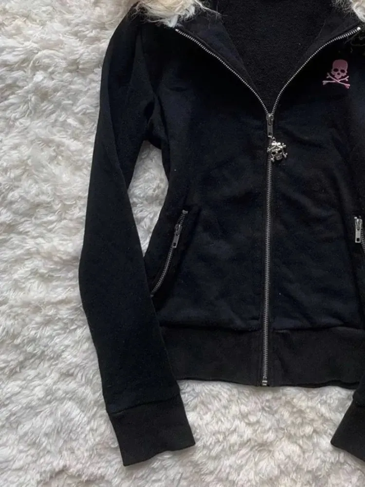 Womens Harajuku Punk Skull Hoodie with Fur Patch - Y2K Aesthetic