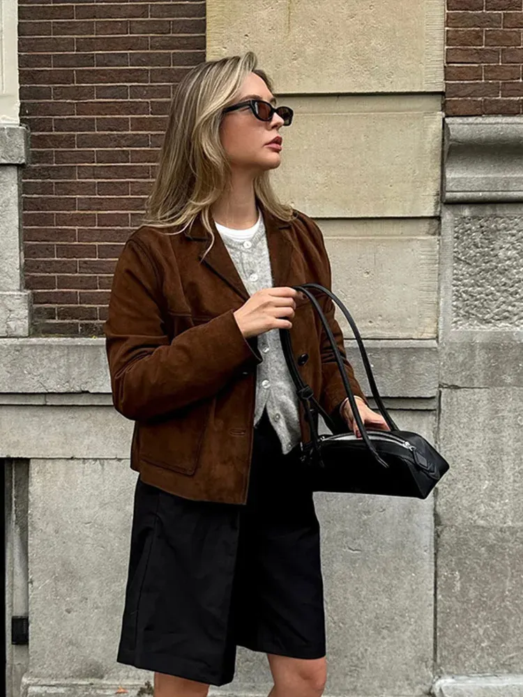 Brown Suede Jacket Womens, Retro Loose Fit Jacket Elegant Short