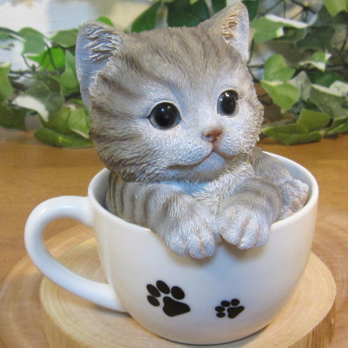 猫 置物 リアル ティーカップキャット グレー サバトラ ネコ 動物