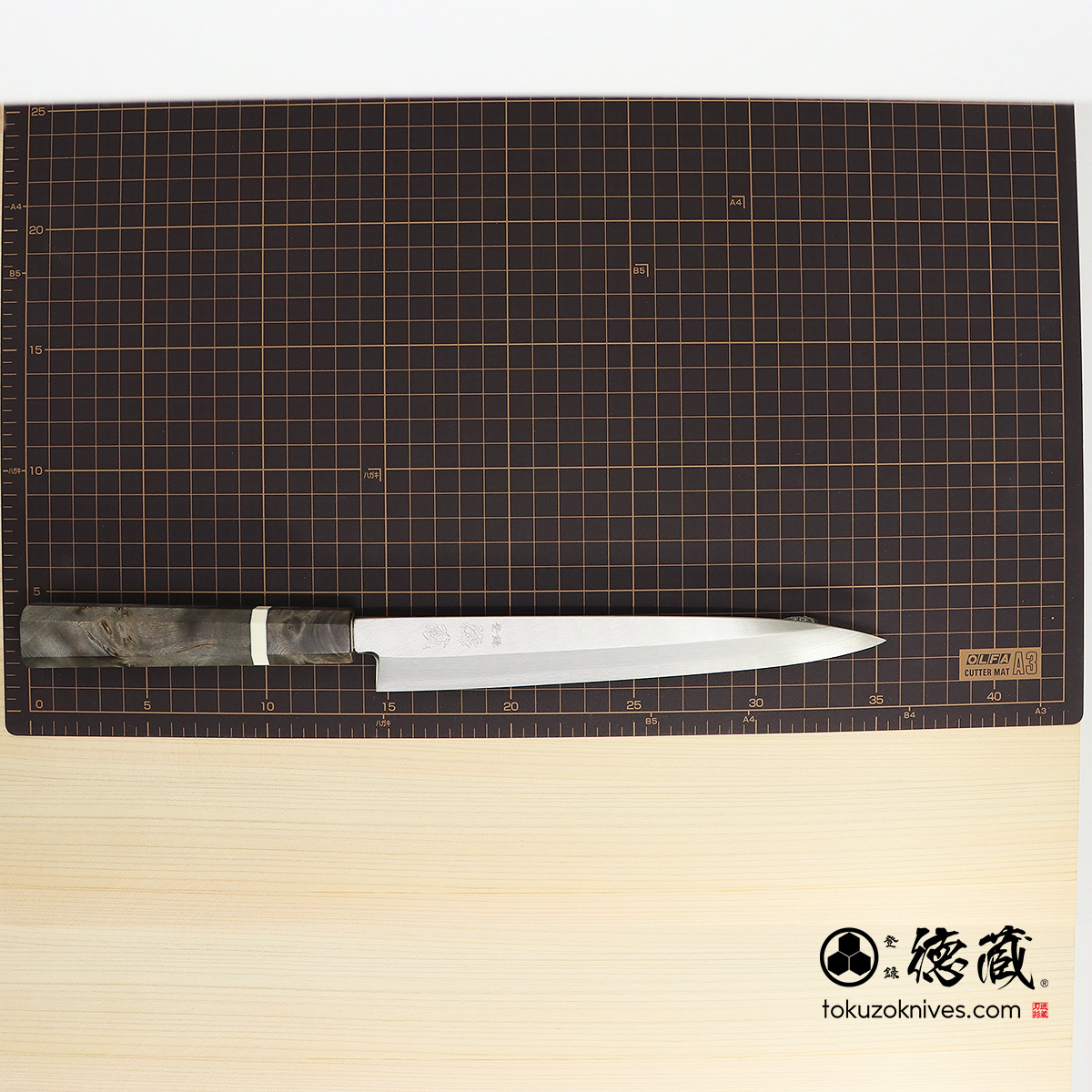 ステンレス片刃柳刃包丁 210mm 片刃 銀紙3号 スタビライズ八角 白輪