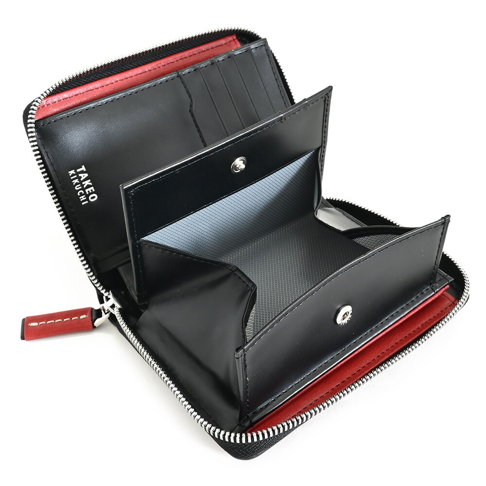 タケオキクチ 財布 二つ折り財布 BOX財布 ラウンドファスナー 赤