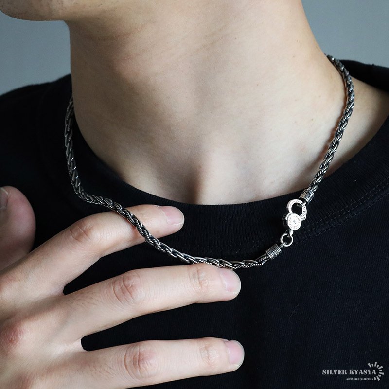 シルバー925 ロープチェーンネックレス 50cm 六字真言ネックレス 燻し