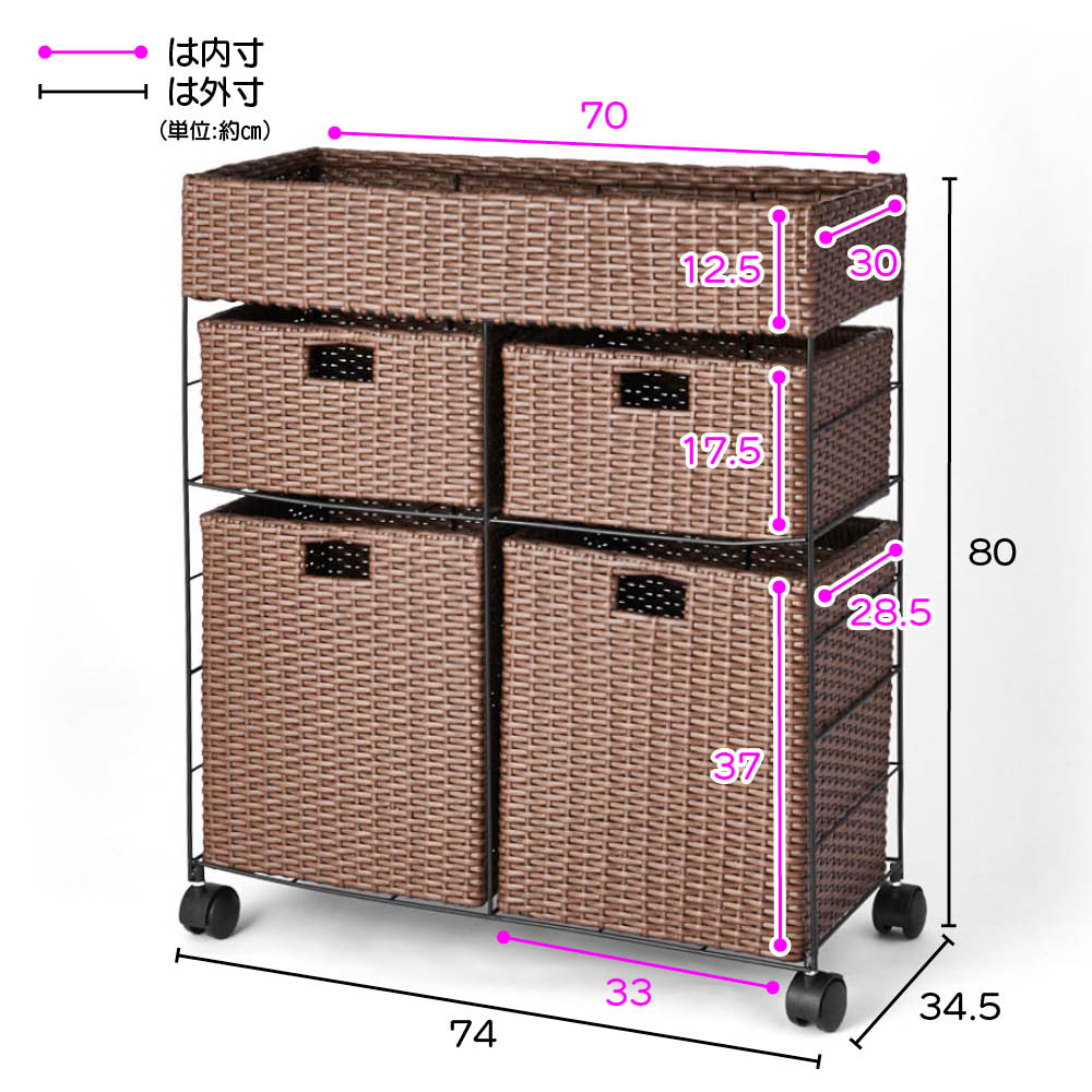 ラタン風ランドリーチェスト ワイド3段（幅74・奥行34.5・高さ80cm