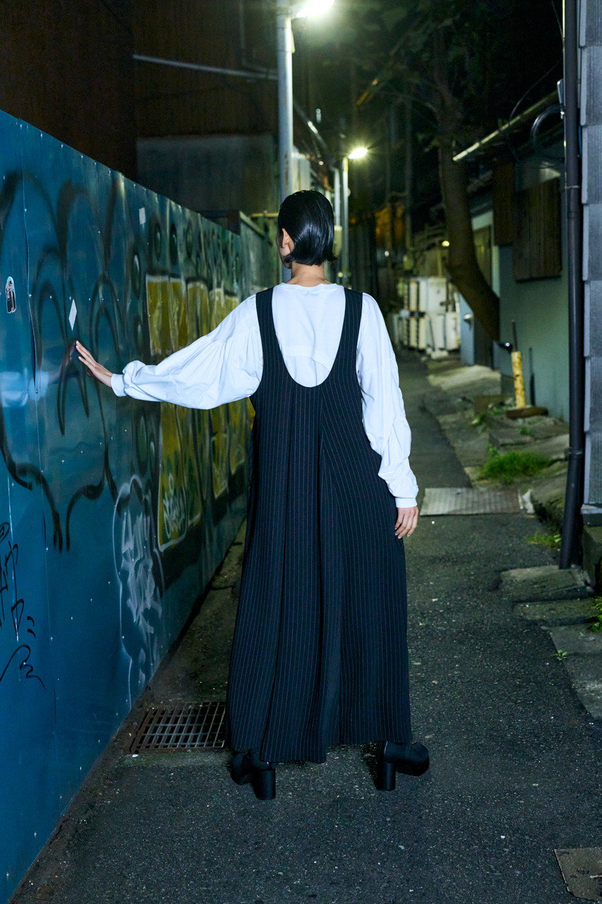 ENFOLD(エンフォルド)｜PEピンストライプ ワイドフレア DRS/ドレス