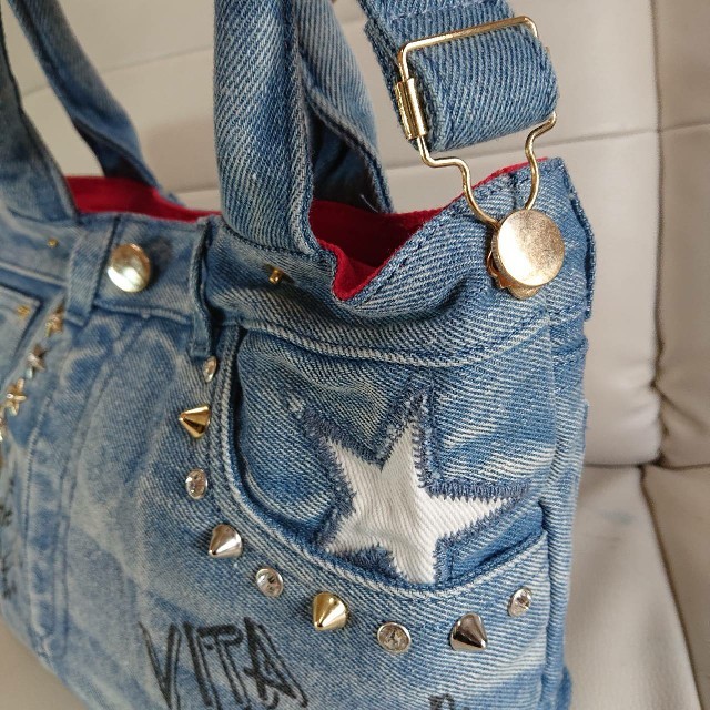 デニムリメイクバッグ 風S スタッズバッグ ライトブルー 全3カラー有り