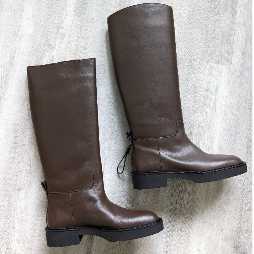 ZARA - ZARA レザーフラットブーツ 38サイズ ブラウンの通販 by