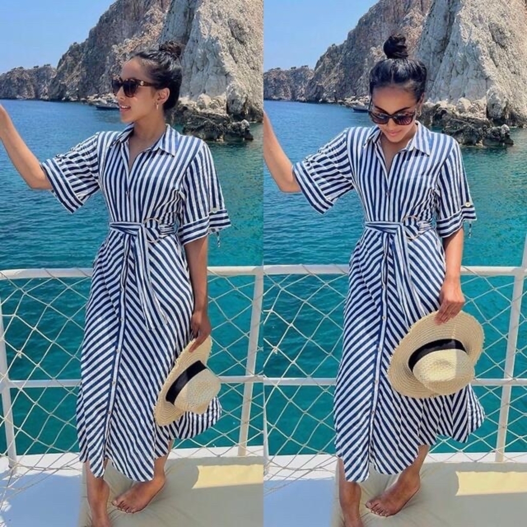 ZARA - 新品 ZARA ストライプ リネンブレンドワンピース Sサイズの通販