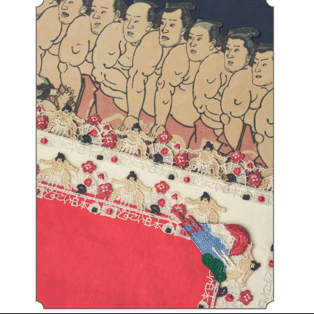 新品 近沢レース 【和レース】タオルハンカチ/どすこい日本（レッド