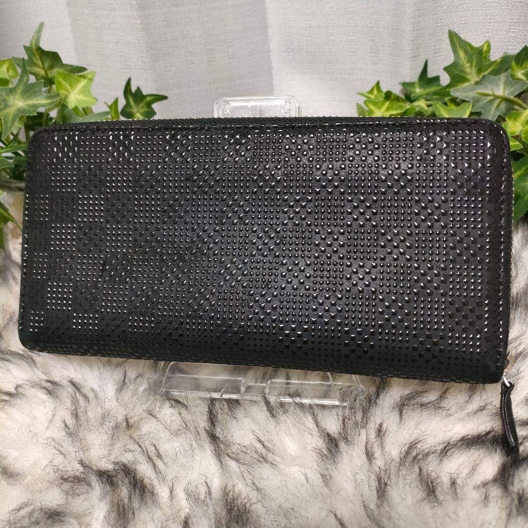 印傳屋 - 印傳屋 長財布 ブラック 市松模様 ラウンド レザー いんでん