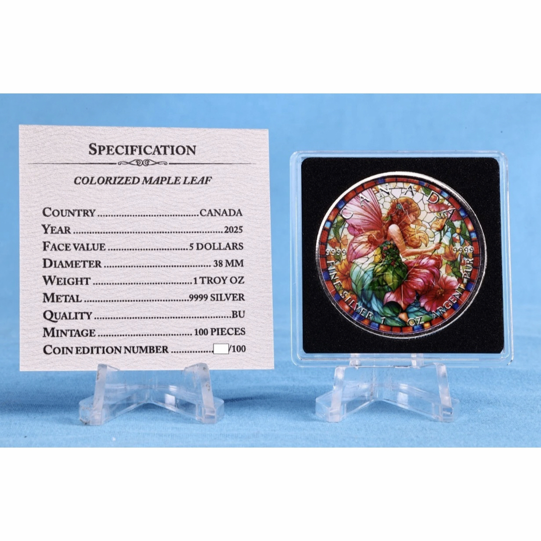 メイプルリーフ 銀貨 カラー ステンドグラスフェアリー -花を司る妖精