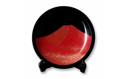 輪島塗〈大藤漆器店〉飾皿 尺1 黒呂色 赤富士蒔絵［髙島屋選定品